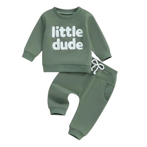 Image of Mandizy Toddler Baby Boy Fall Winter Clothes Long Sleeve Letter Embroidery Sweatshirt Pants Set Little Dude Baby Outfit