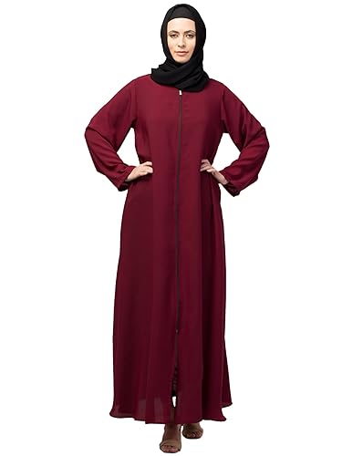 Image of Mallika Women Modest Wear Nida Matt Front Open Zipper Abaya Burkha for Everyday use (Maroon, XL)