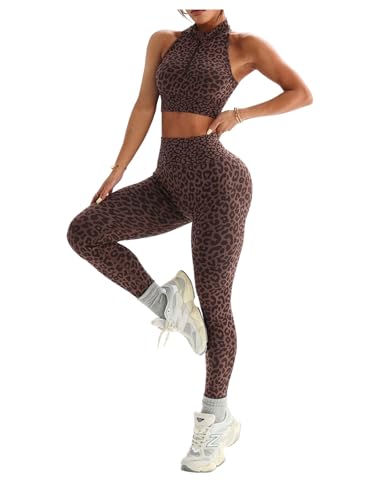 SweatyRocks Women's Leopard Print 2 Piece Workout Sets Half Zip Up Mock Neck Crop Top and Legging Gym Clothes Coffee Brown Small