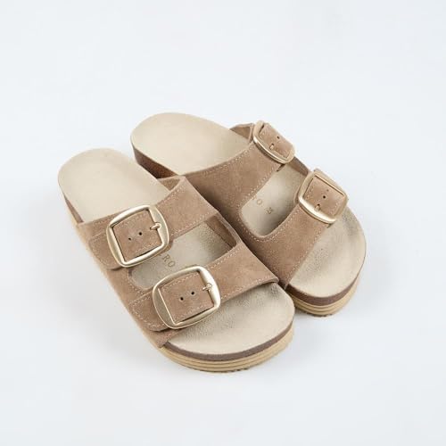 Resim Manijero Selina Kadın Hakiki Deri Çift Tokalı Vizon - Gold Terlik 