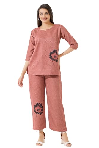 Image of Linen Printed Night Wear Top and Bottom Night Suit Set | Summer Outfit | Co-ord Set for Women | Shirt & Pajama | Night Suit Dress for Women