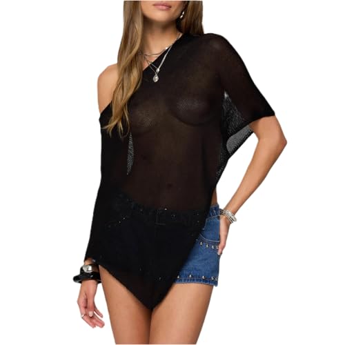 Women Sexy Sheer Cover Ups Solid Color See Through Off Shoulder Shrug Pullover Tops Mesh Knit Poncho for Beach