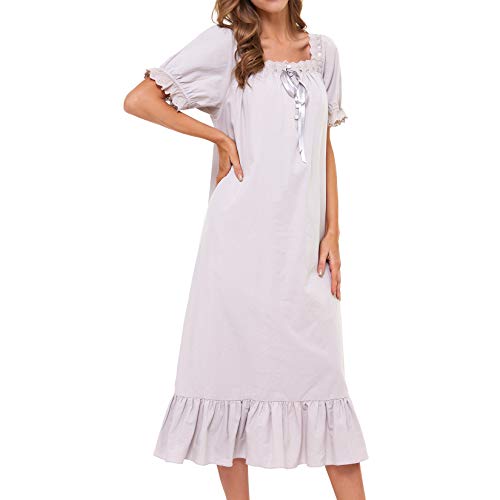 Image of Lu's Chic Women's Victorian Nightgown Cotton Sleepwear Long Loungewear Short Sleeve Vintage