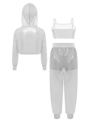 YEAHDOR Kids Girls 3 Pieces Hip Hop Dance Outfits See Through Crop Hoodie Sleeveless Vest with Pants Dancewear2