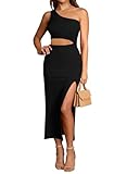 Pink Queen Women's Summer One Shoulder Sleeveless Cutout Side Slit Bodycon Midi Long Party Dress Black S