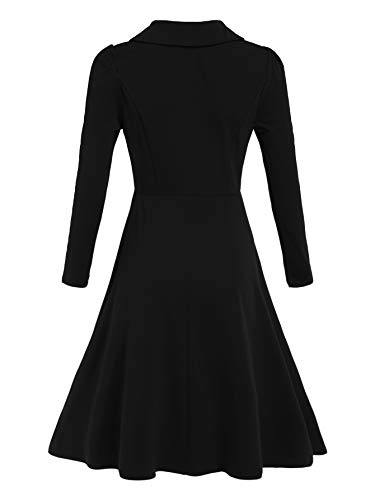Romwe Women's Vintage 1950s Retro Collared Long Sleeve Fit and Flare Swing Party Dress Black S