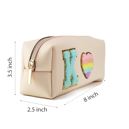 Image of AICA Gifts Personalized Leather Pencil Pouch (Cream) with Embroidered Alphabet & Patch | Pencil Pouch for Kids | Birthday Gift | Birthday Return Gift |Gift for Kids Age 6-10