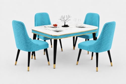 Image of WOODEN SPACE Majestic 4 Seater Wooden Dining Table Set | Urban Marble Top Dining Table with Chairs for Dining Room & Kitchen (Sky Blue Modern Vento) (54x36x30 inch)