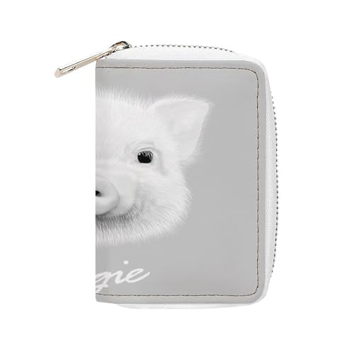 Women Leather Coin wallet, Key Change Organizer Zipper Card Holder Purse Clutch Pouch Pocket 4.5x3.15 in Print Cute Little Piggy Head Fluffy Piglet Pig Grey Pattern