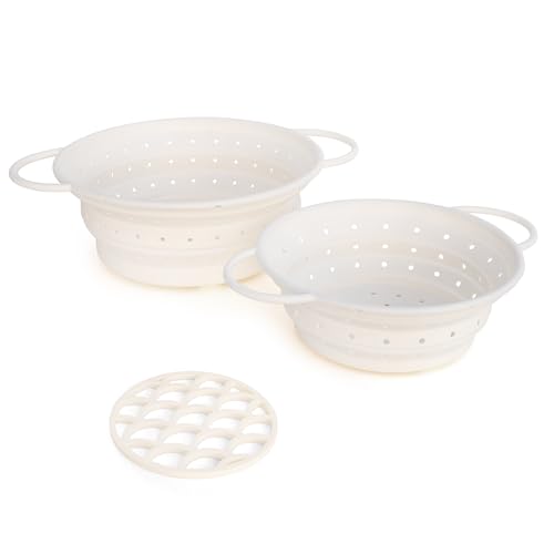 2 Collapsible Round Colanders with Handles and Trivet Mat for Hot...