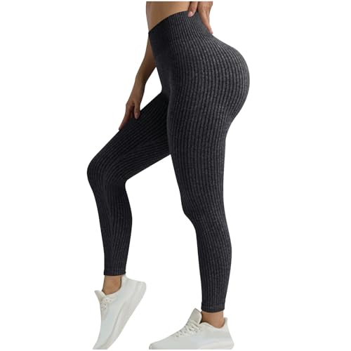 Women Ribbed Knit Sports Yoga Leggings, Seamless High Waist Tummy