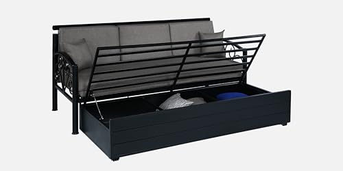 Image of 3 Seater Metal Sofa Cum Bed with Hydraulic Storage | Sofa Set for Living Room, Bedroom, Guest Room| King Size Convertible Sofa Bed | Comfortable Seating Sofa Grey & Black