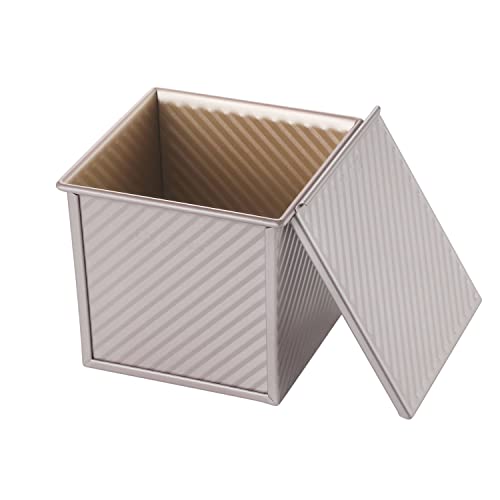 CHEFMADE Quadratische Pullman Laib Pfanne mit Deckel, 1 Pfund Teig kapazität Antihaft-Rechteck flache Toast box zum Backen im Ofen 5.7 x 5.7x 5.2(Champagner gold)