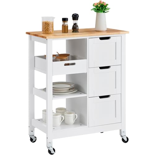 VEVOR Isla de Cocina con Carrito, Barra de Desayuno Móvil con Superficie de Madera, con 3 Cajones, Estantes y Ruedas, para Comedor, Cocina, Sala de Estar, Estilo Rústico, Blanco, 670 x 370 x 840 mm