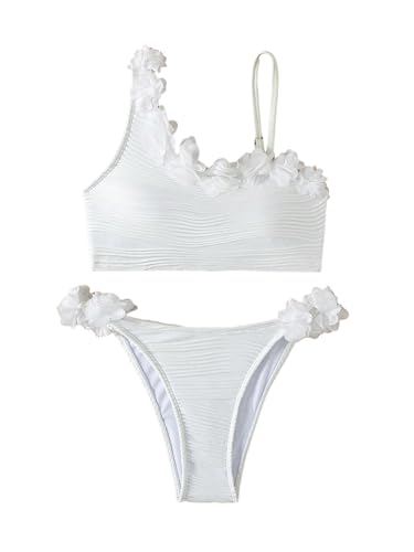 Image of SweatyRocks Girl's Cute 2 Piece Bathing Set Asymmetrical Neck Floral Decor High Cut Bikini Swimsuit White 8Y
