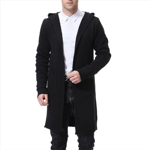Men's Shawl Collar Long Hooded Cardigan Lightweight Open Front Drape Cape Overcoat Knitted Sweaters With Pockets2