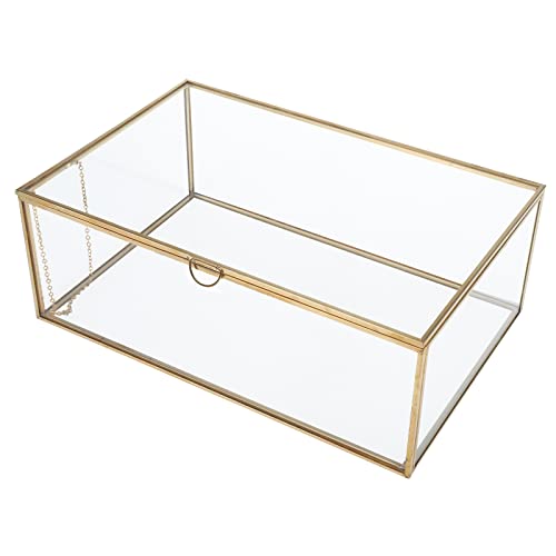 HighFree Vintage Glass Box with Lid - Clear Jewelry Glass Display Box Keepsake Box - Home Decor Decorative Box for Trinket Rings Bracelet (Gold, Large)