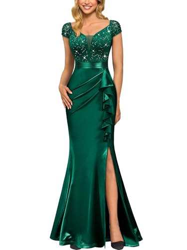 Miusol Women's Vintage V-Neck Slim Style Ruffle Split Evening Formal Maxi Dress (Medium, Dark Green)