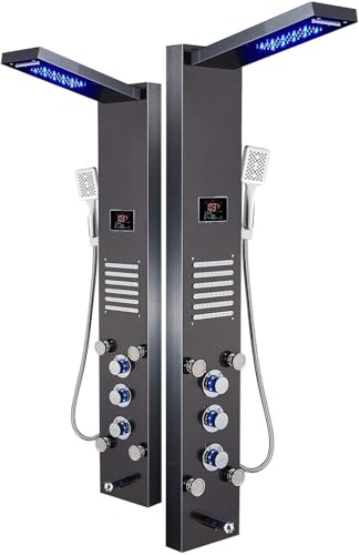 Image of ELLO&ALLO LED Shower Panel Tower System, Hydroelectricity Display Rain Massage with Jets, Brushed Black
