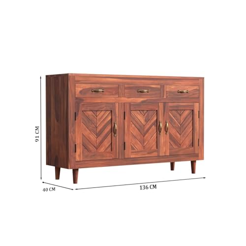 Image of Solid Sheesham Wood Sideboard Cabinet with 3 Door & 3 Drawer Storage | Wooden Storage Organizer Unit for Living Room Dining Kitchen Bedroom Hallway | Natural Honey Finish | Pre-Assembled