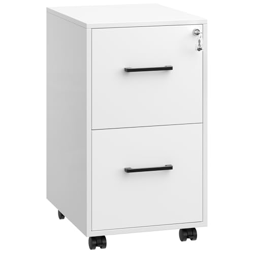 Image of SONGMICS File Cabinet, Pre-Assembled Except Wheels and Handles, Office Filing Cabinet with Lock, for A4, Legal, Letter Sized Documents, 17.7 x 14.4 x 25.4 Inches, Matte White and Black UOFC112W01