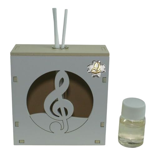 DESIGN ELEGANTE: Diffusore profumatore a LED in legno con decorazione della Chiave di violino Sol modello traforato con piastra quadrifoglio con fedi nuziali per matrimonio o anniversario, disponibile in colore bianco e panna per un tocco raffinato e moderno