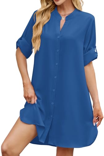 Image of PerZeal Womens Sexy V Neck Button Down Shirt Dresses Summer Short Sleeve Casual Loose Blouses & Button-Down Shifts Cover Ups