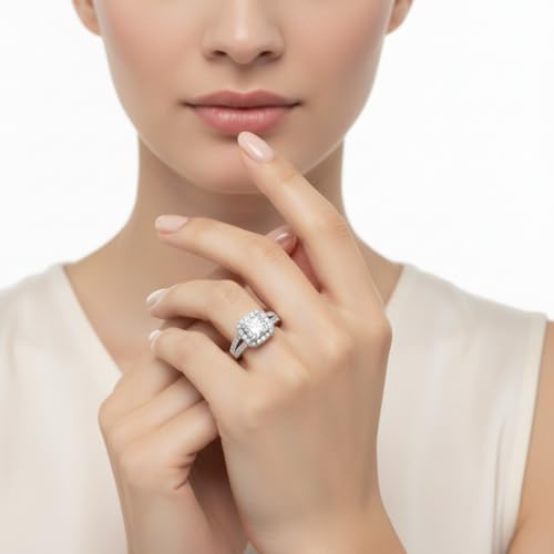 Image of Choose Your Gemstone Diamond CZ Square Halo Ring 925 Sterling Silver Princess Shape Split Shank Engagement Ring Minimal Modern Design Birthday Gift Wedding Gift US Size 4 to 12