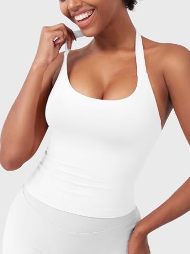 Image of YEOREO SoftHue Women's Impact Halter Tank Top Longline Backless Scoop Neck Built-in Bra Sports Workout Gym Crop Top