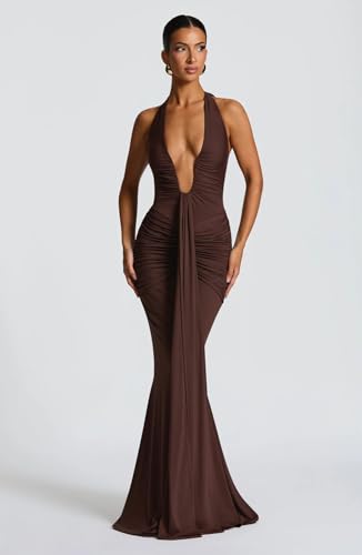 2025 Elegant Classy Maxi Halter Dresses for Women Sexy V-Neck Backless Pleated Bodycon Floor Length Flowy Clothes4