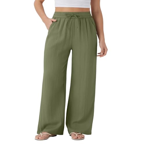 Image of Women's High Waisted Wide Leg Crepe Pants Pull On Wrinkle Free Trousers with Pockets Drawstring for Work Business Casual (Dark Green,M)