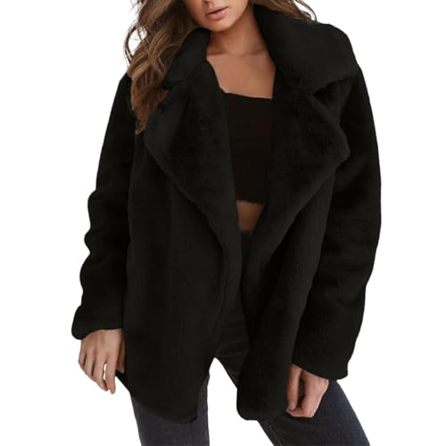 Abrigo de piel sintética para mujer, chaqueta de peluche, corta, elegante, de pelo sintético, grueso, cálido, monocolor, elegante, abrigo de invierno, chaqueta de entretiempo, chaqueta de invierno