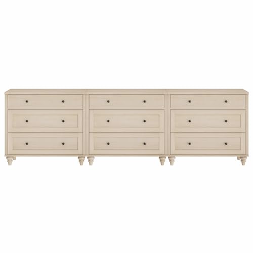 Image of WAMPAT Kids Dresser with 9 Drawers, Baby Dressers with Wide Chest of Drawers, Mid Century Modern Wooden Closet Storage Organizer, Large Wood Dressers for Bedroom, Nursery, Hallway, Beige, 102 inch
