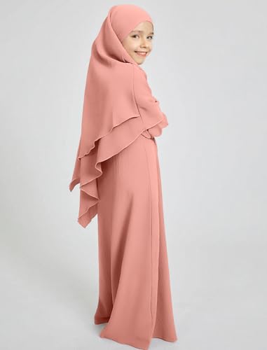 IKADEX Muslim Dress for Girls Islamic Prayer Abaya Long Sleeve Solid Color Chiffon Kaftan Robe Dresses with Hijab and Pocket2