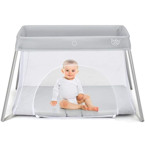 Image of BABY JOY 2 in 1 Travel Crib with Side Zipper, Portable Baby Playard with Soft Washable Mattress, Installation-Free Home Playard with Carry Bag for Airplane, Lightweight Playpen for Infants &Toddlers