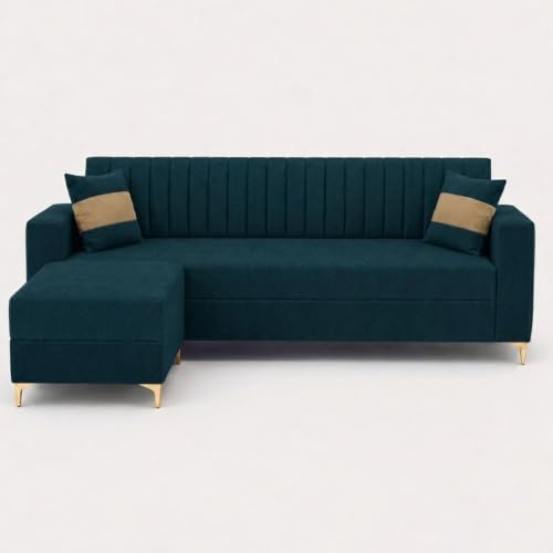 Image of FURNY Signature Regalia 4-Seater L-Shape Sofa Set with Movable Ottoman | Flexible LHS /RHS Layout | Boston Fabric | 40D Foam + Zigzag Spring | 3-Yr Warranty (Peacock Teal & Warm Beige)