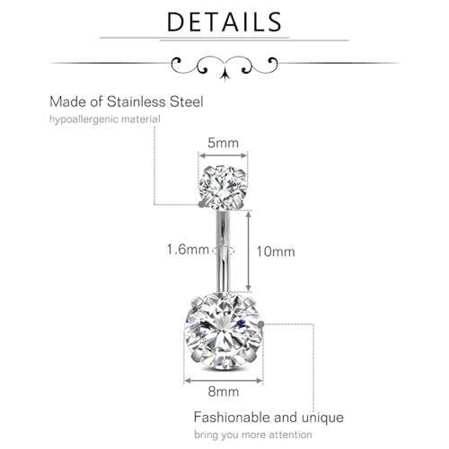 FECTAS 14g Belly Button Rings Surgical Steel CZ Petite Navel Ring for Women Body Piercing Jewelry Petite select Barbell Len 6mm 8mm 10mm 12mm 14mm Silver2