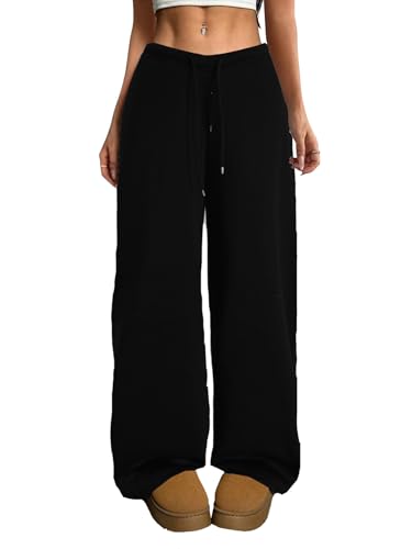 HBQ Wide Leg Sweatpants Women Baggy Barrel Sweat Pants High Waist Drawstring Joggers with Pockets Black X-Large