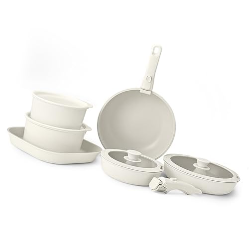 Qaonsciug Sartén antiadherente de aluminio con mango extraíble, combo de utensilios de cocina de metal para el hogar, cocina, camping, cocina, distribución rápida del calor, sartén de aluminio