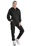 Sudaderas para mujer Chándal 2 piezas Trajes de terciopelo y forro polar Active Wear con cremallera con capucha y sudaderas Trajes de sudor - Negro - M
