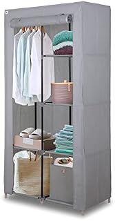 Knight Canvas Portable Double Free Standing Wardrobe Shelving Clothes Storage with Hanging Rail and Cubic Drawer (1pc Included) - L 88cm x W 45cm x H 170cm - Grey