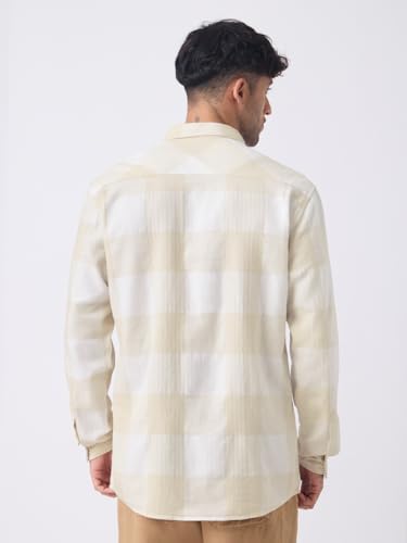 Image of The Souled Store: Driftwood Men and Boys Long Sleeve Spread Collar Beige Plaid Checked Regular Fit Easy to Wear Casual Streetwear Cotton Linen Shirt
