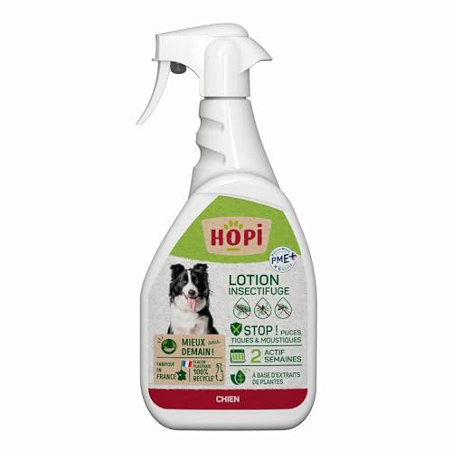 HOPI Spray Lotion Anti Puces Chien sans rinçage 500 ML - Protection idéale pour repousser Les Puces, Les Tiques et Les Moustiques - Extraits de Plantes - Pratique et Facile - Fabriqué en France