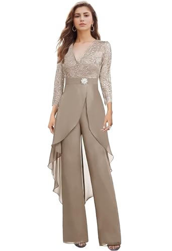 2 Pieces Mother of The Bride Pant Suits for Wedding - Long Sleeve Chiffon Lace Applique V Neck for Women Dressy Jumpsuit