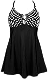 COCOSHIP Polka Dot Black White Women's Retro Tie Front Swimsuit One Piece Skirtini Cover Up Bath...