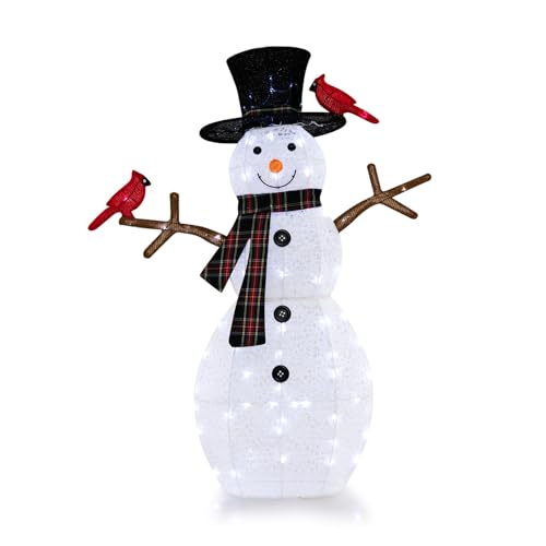 COSTWAY Pupazzo di Neve con luce a LED, Decorazione Natalizia con Luce Incorporata, Pupazzo di Neve e Uccello Rosso, per Giardino Cortile, 127 cm