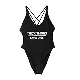 LEZI Women's Strappy Swimwear Thick Thighs Save Lives Print One Piece Swimsuit Bathing Suit Beachwear Black, X-Large