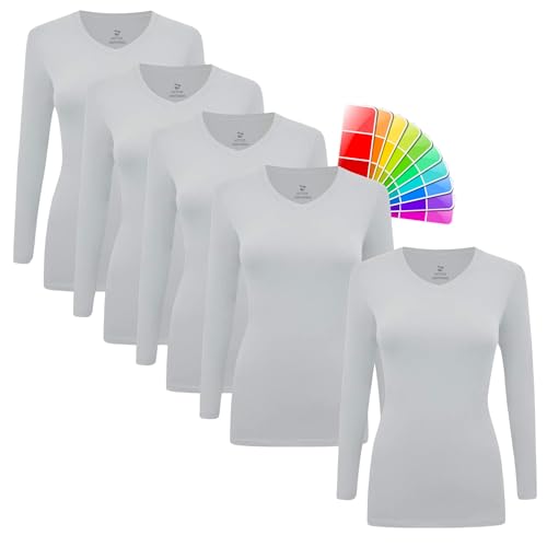 M&M SCRUBS Women's Under Scrub Tee V-Neck Long Sleeve T-Shirt - 5 Pack (Heather Grey, 2X-Large)