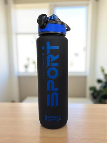 Image of Sport Water Sipper Bottle with Soft Silicon Straw, Leak Proof, 1000ml, (BLUE BLACK)