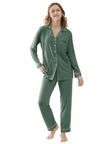 Image of Cherrydew Women Bamboo Viscose Cooling Long Sleeve Button Down Pajama Sets | Buttery Soft,Cooling Comfort,Breathable,Stretchy Fabric